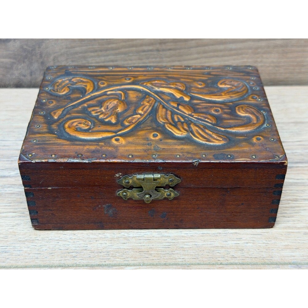 Vintage Wooden Trinket Box Embossed Copper Floral Lid w/ Brass Latch